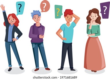 People asking question. Pensive person reflect. People think, talk clever answer. Group partner communication for solution task.  Humans solve riddle, doubt. Difficulty dialog. Vector illustration. 