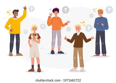 People asking question. Pensive person reflect. People think, talk clever answer. Group partner communication for solution task.  Humans solve riddle, doubt. Difficulty dialog. Vector illustration. 