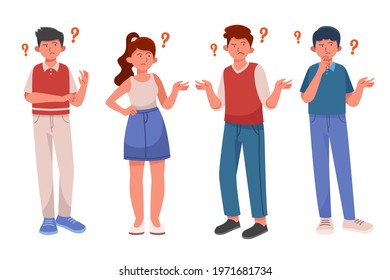 People asking question. Pensive person reflect. People think, talk clever answer. Group partner communication for solution task.  Humans solve riddle, doubt. Difficulty dialog. Vector illustration. 