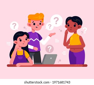 People asking question. Pensive person reflect. People think, talk clever answer. Group partner communication for solution task.  Humans solve riddle, doubt. Difficulty dialog. Vector illustration. 