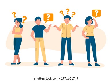 People asking question. Pensive person reflect. People think, talk clever answer. Group partner communication for solution task.  Humans solve riddle, doubt. Difficulty dialog. Vector illustration. 