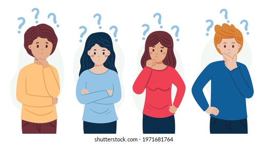 People asking question. Pensive person reflect. People think, talk clever answer. Group partner communication for solution task.  Humans solve riddle, doubt. Difficulty dialog. Vector illustration. 