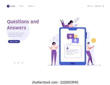 People asking question in support chat. Customers finding answer. Concept of customer guide, support chat, faq, questions and answers. Vector illustration flat design for banner, landing page template