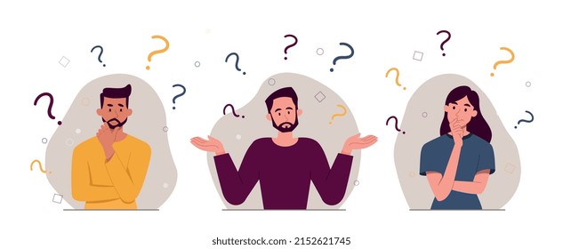 People asking questions. Collection of young guys and girls who cant solve problem. Problems and uncertainty, indecision, mental impasse. Cartoon flat vector illustrations isolated on white background