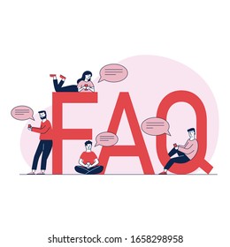 People asking questions and getting instructions. User support for search useful information and problem solution vector illustration. Men and women sitting near giant FAQ. Help and support concept.