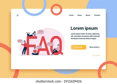 People asking questions and getting instructions. User support for search useful information and problem solution vector illustration. Men and women sitting near giant FAQ. Help and support concept.