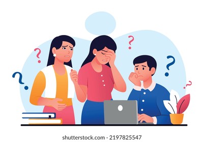 People asking questions. Man at laptop looking for answers to frequently asked questions. Technical support, assistant and consultant help buyers and clients. Cartoon flat vector illustration