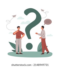 People asking questions. Men looking for answers, mental dead end. Creative individuals trying to solve problem, colleagues at work, students doing exercise. Cartoon flat vector illustration