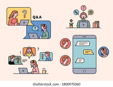 People are asking questions through computer and mobile messages. flat design style minimal vector illustration.