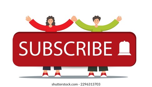 Personas que piden suscribirse al canal, botón suscribirse con el timbre, notificación de timbre para los medios sociales, iconos de notificación, ilustración de vector plana