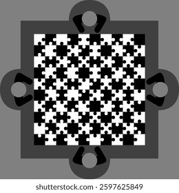 People assemble puzzle at table. Teamwork concept. Flat vector illustration.