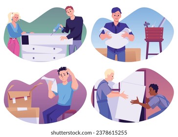 People assembling furniture, set of flat vector illustrations isolated on white background. Professional furniture assembly service. Confused people need help of handyman.