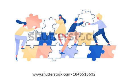 People assembling giant jigsaw puzzle together. Concept of teamwork and employee cooperation. Colleagues support and help. Team challenge. Flat vector cartoon illustration isolated on white