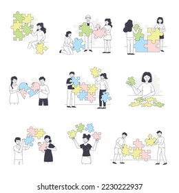 People Assembling Jigsaw Puzzle Connecting Mosaiced Pieces Together Vector Set