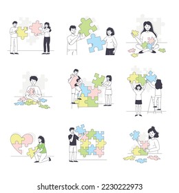 People Assembling Jigsaw Puzzle Connecting Mosaiced Pieces Together Vector Set