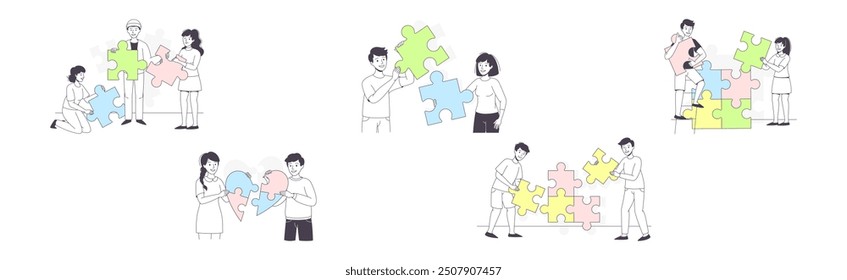 People Assembling Jigsaw Puzzle Connecting Mosaiced Pieces Together Vector Set