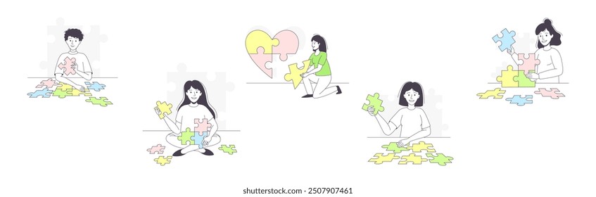 People Assembling Jigsaw Puzzle Connecting Mosaiced Pieces Together Vector Set