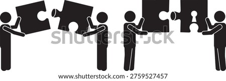 People assembling jigsaw puzzle, teamwork and connection concept