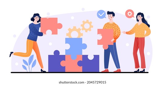 People assembling puzzle. Concept of common contribution and cooperation, work on project. Teamwork, colleagues support and help. Cartoon flat vector illustration isolated on white background