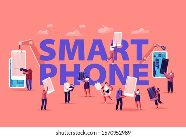 People Assembling and Using Smartphones Concept. Crowd of Men and Women Holding Cellphones Texting Talking Listening Music. Mobile Phones Poster Banner Flyer Brochure. Cartoon Flat Vector Illustration