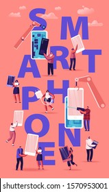 People Assembling and Using Smartphones Concept. Crowd of Men and Women Holding Cellphones Texting Talking Listening Music. Mobile Phones Poster Banner Flyer Brochure. Cartoon Flat Vector Illustration