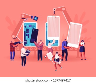 People Assembling and Using Smartphones Concept. Tiny of Men and Women Holding Cellphones, Memory Card and Charger, Robot Arms Assemble Mobiles on Plant. Mobile Phones Cartoon Flat Vector Illustration