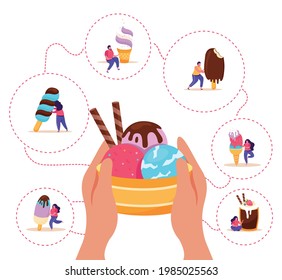 People with assorted ice cream and human hands holding bowl of scoops on white background flat vector illustration