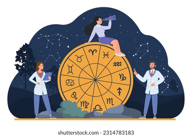 People with astrology signs concept. Man and women next to circles with zodiac signs. Abstract ancient calendar, constellation knowledge. Esotericism and mysticism. Cartoon flat vector illustration