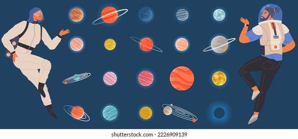 Astronautas y planetas sobre el conjunto de vectores de fondo azul. Nave espacial volando entre objetos celestes y estrellas. Formas astronómicas, elementos de diseño cósmico. Espacios voladores y cuerpos celestiales