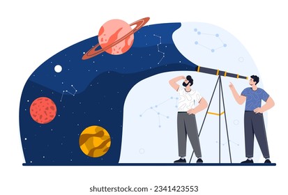 Menschen mit Astronomie-Konzept. Männer mit erforschenden Galaxien und Universen. Sterne und Planeten. Astrologen schauen den Nachthimmel durch das Teleskop. Wissenschaftliches Experiment. Cartoon-Flavektor-Vektorgrafik