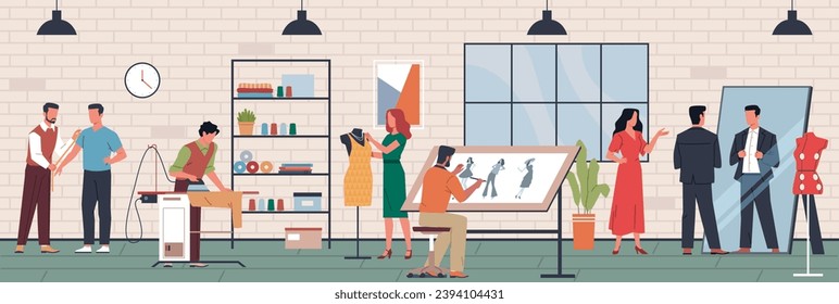 People in atelier. Tailor characters, fashion designer creates new clothes collection, measurement, fitting, ironing, workshop cartoon flat isolated illustration. Nowaday vector concept