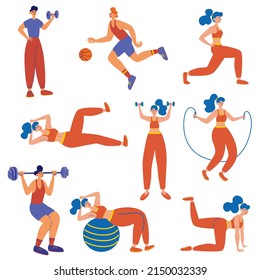 People athlete set. Fitness classes for men and women. Set of male and female trainers doing different sport exercises. Healthy lifestyle. Flat vector illustration