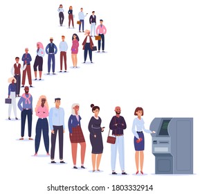 People in ATM line. Male and female characters in queue wait for terminal transaction, banking payment line to ATM machine vector illustration. Curve line to atm, banking payment near terminal machine