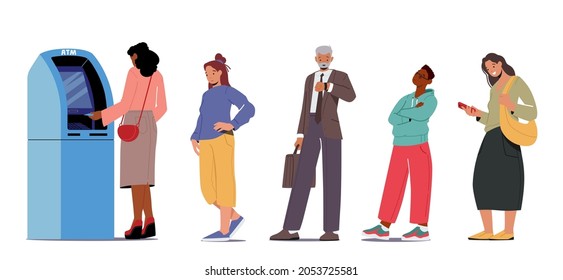 People at Atm Line. Male and Female Clients Characters Stand in Queue in Bank Waiting Turn to Draw or Put Money to Automated Teller Machine, Transaction, Banking Services. Cartoon Vector Illustration