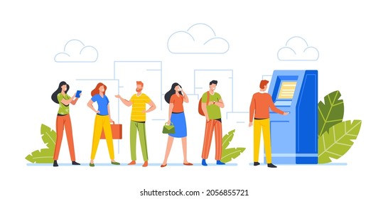 People at Atm Line. Male and Female Clients Characters Stand in Queue in Bank Waiting Turn to Draw or Put Money to Automated Teller Machine, Transaction, Banking Services. Cartoon Vector Illustration