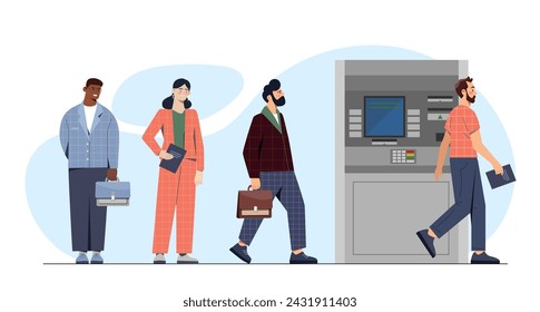 People ATM queue concept. Men and woman near terminal with banknotes. Financial and banking operations. Guys and girls standing in line. Cartoon flat vector illustration isolated on white background