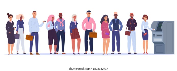 People ATM queue. Line to withdraw money, male and female characters wait for ATM machine, terminal transaction vector illustration. Financial line, banking atm bank, character payment