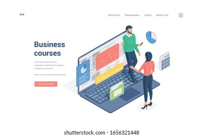 People attending business courses in internet. Isometric man with smartphone leaning on laptop near woman examining data from online lessons on banner of business courses website