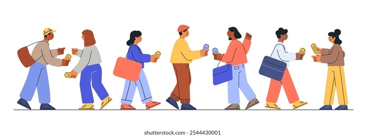 People attending cinema holding tickets colorful characters flat design. Diverse individuals walking with bags and tickets in hand white background