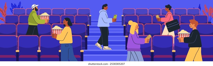 People attending cinema theater holding popcorn. Diverse individuals walking in aisles with snacks and tickets. Bright colors blue background. Website banner template