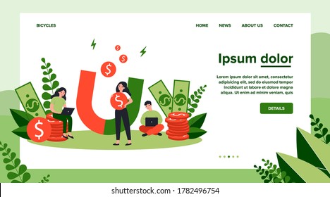 People attracting money with magnet flat vector illustration. Man and woman with laptop taking fast loan online. Lady holding magnet for attraction income. Wealth and investment concept