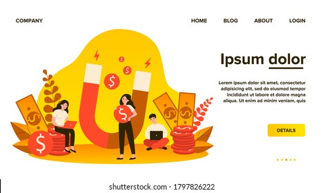 People attracting money with magnet flat vector illustration. Man and woman with laptop taking fast loan online. Lady holding magnet for attraction income. Wealth and investment concept