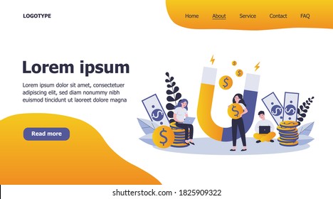 People attracting money with magnet flat vector illustration. Man and woman with laptop taking fast loan online. Lady holding magnet for attraction income. Wealth and investment concept