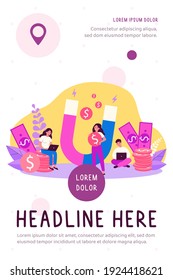 People attracting money with magnet flat vector illustration. Man and woman with laptop taking fast loan online. Lady holding magnet for attraction income. Wealth and investment concept