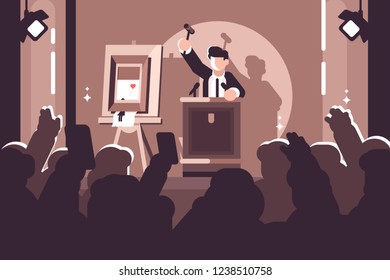 People at auction of art flat poster. Auction process with man holding gavel behind special stand near picture and human raised hands and bidding in front of him vector illustration