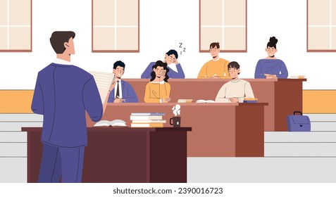 People in auditorium. Lecture in university or lesson in schol. Education, learning and training. Young guys and girls listen man. Public speaker, orator. Cartoon flat vector illustration