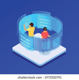 People in augmented glasses touching virtual screen isometric concept on blue background vector illustration