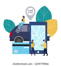 People and auto. Making deals online. Car rent. Vector illustration in flat style.