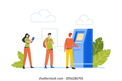 People at Automated Teller Machine Making Transaction, Atm Banking Services. Male and Female Clients Characters Stand in Line at Bank Waiting Turn to Draw or Put Money. Cartoon Vector Illustration