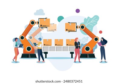 Personas con máquina de brazo robot de automatización en smart factory industrial. Ilustración vectorial